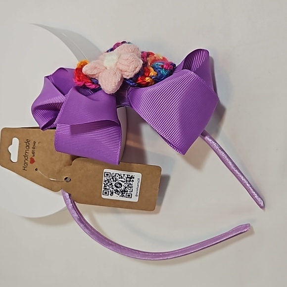 Hand Crafted Purple Bow Handmade Crochet Puffy Flower embellished with Rainbows - Picture 17 of 17